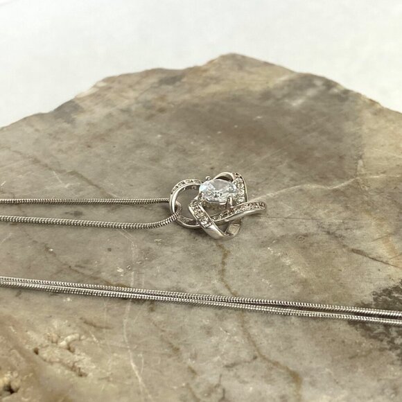 Sterling Silver 925 18K White Gold Love Knot CZ Pendant Necklace 22" Chain - Picture 3 of 16